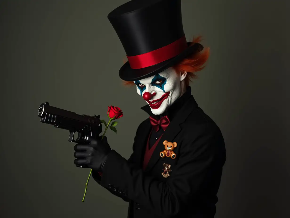 Clown with thin white painted face, black-red top hat with red rim, black suit with mean teddy bear stickers, a gun in one hand and a rose in the other