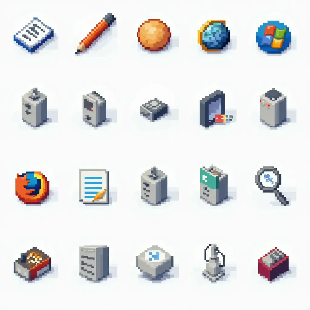 a sprite sheet featuring 2d pixel art icons for various 1990s programs - word processor, email, web browser, file manager, console, etc.  clean design, consistent style, windows 3.1, windows 95, imac