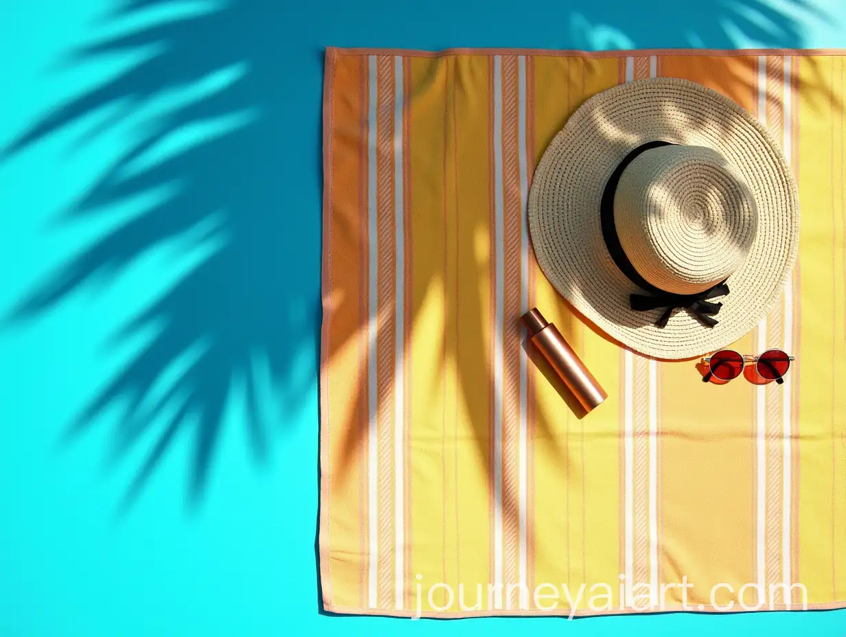 Bright-YellowRed-Striped-Beach-Towel-with-Sun-Hat-Sun-Cream-and-Sunglasses