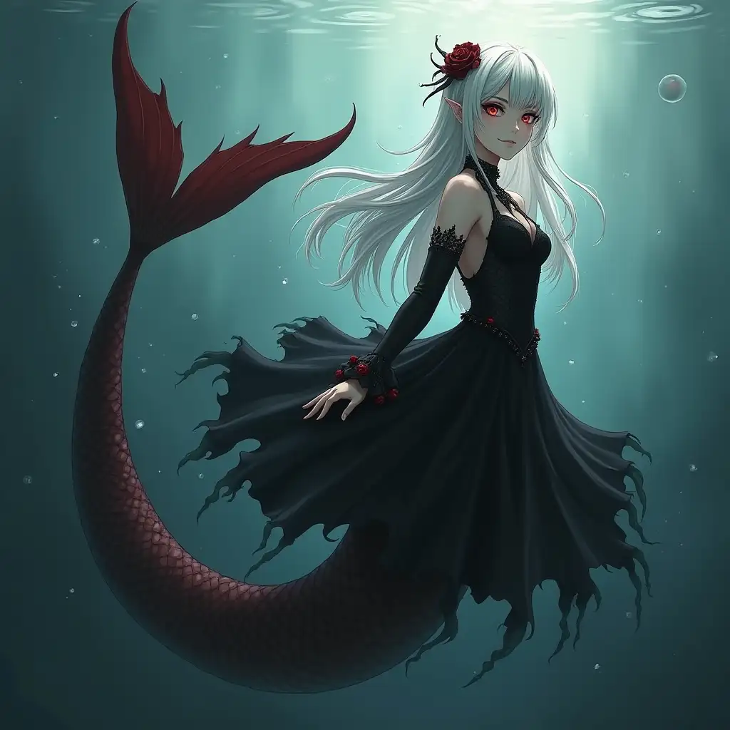 Mermaid, with serpentine tail, long tail, 2B, red eyes, white hair, black dress, gothic, realistic