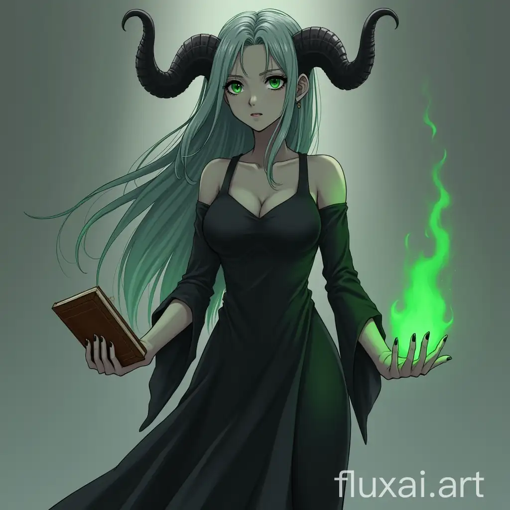 Tall woman with horns, with gray skin and green eyes, weared black dress, with book in right hand, green fire in left hand, anime style