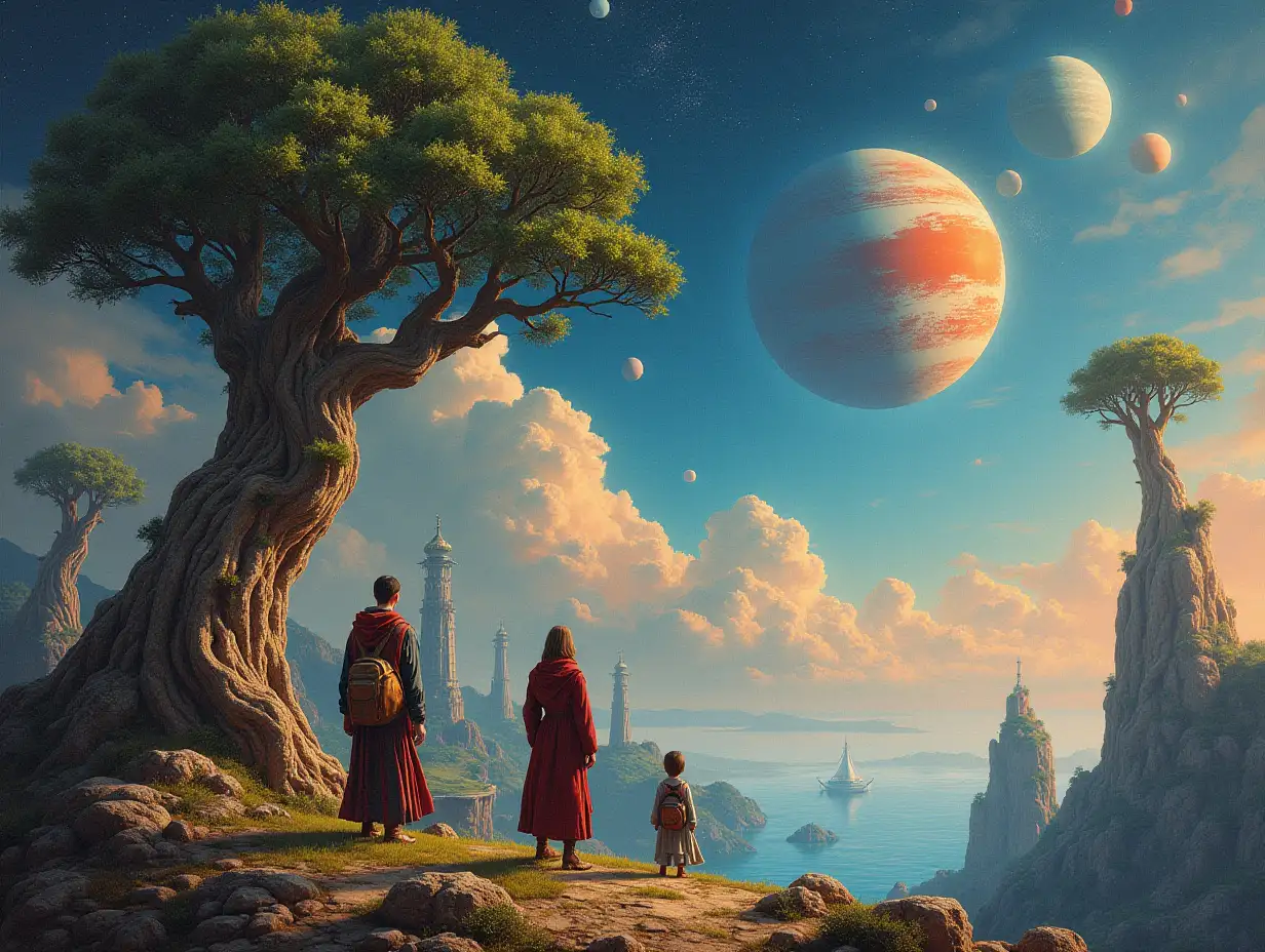 Ultradetailed hyperrealistic portrait of Multiverse time travelers with different strange beings giant wide trees The elaborately detailed, colorful planets with, in the background utopian towers and sea