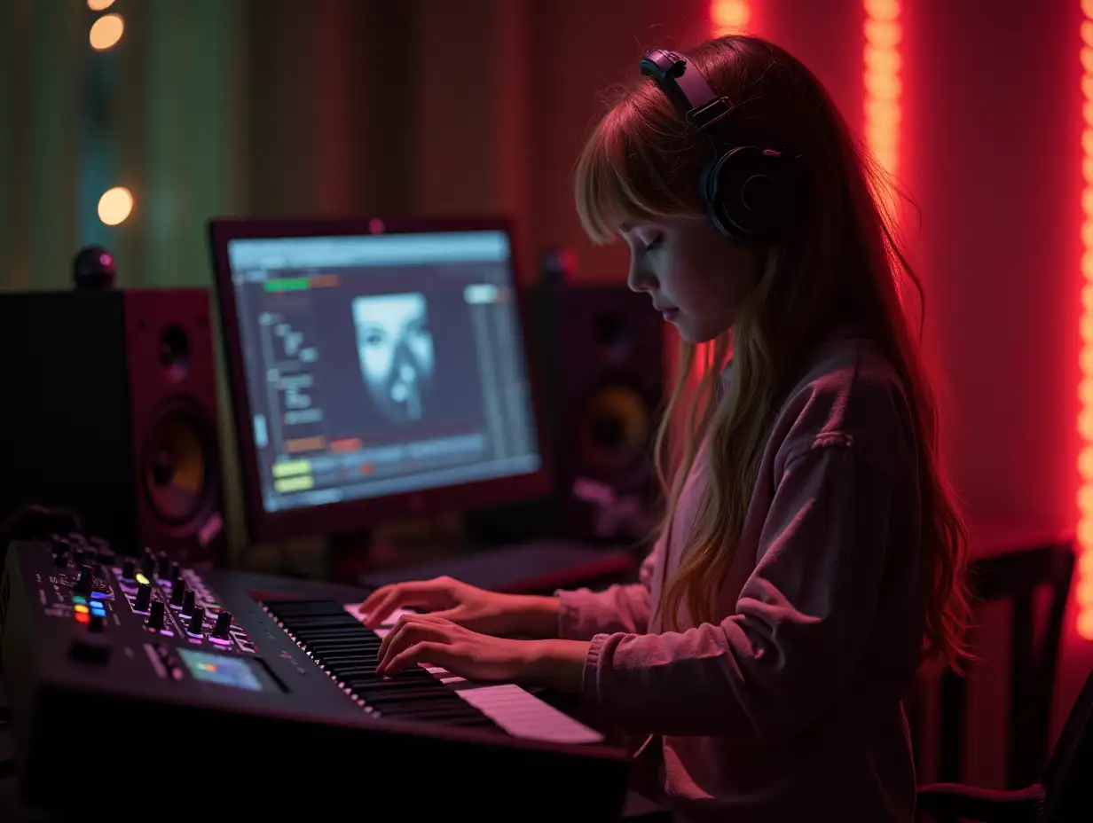 A girl is playing synthesizer in 80s style