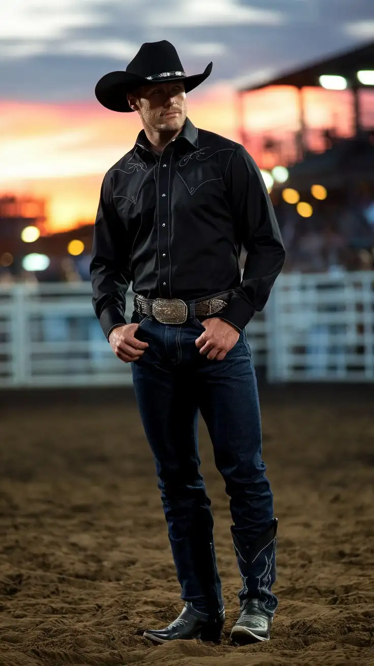 Rugged-Cowboy-in-Black-Western-Attire-at-Rodeo-Arena-at-Dusk