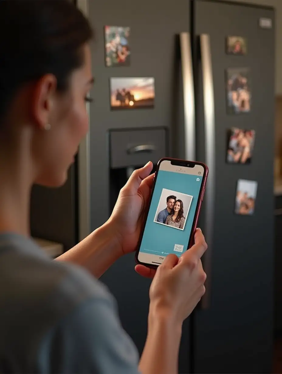 important cell phone pictures being transported out of a Cell phone into real life onto a nice modern refrigerator. The cell phone pictures are square and rectangle photo magnets on the refrigerator. Shows the name of our company Magnet Lover in the background. Hyper detailed style with cinematic lighting. Also shows the story of a woman taking photos of people she loves.