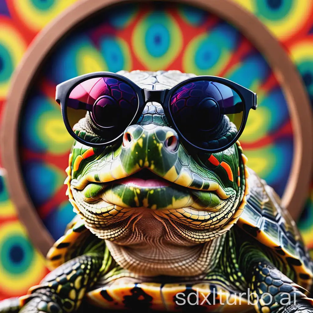 a red eared slider with black sunglasses, smokes a cigar, in a backround of psychedelic circular pattern