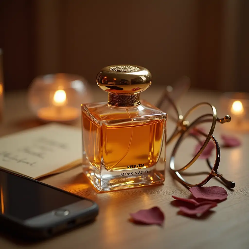 A beautiful bottle of expensive perfume, glasses, phone