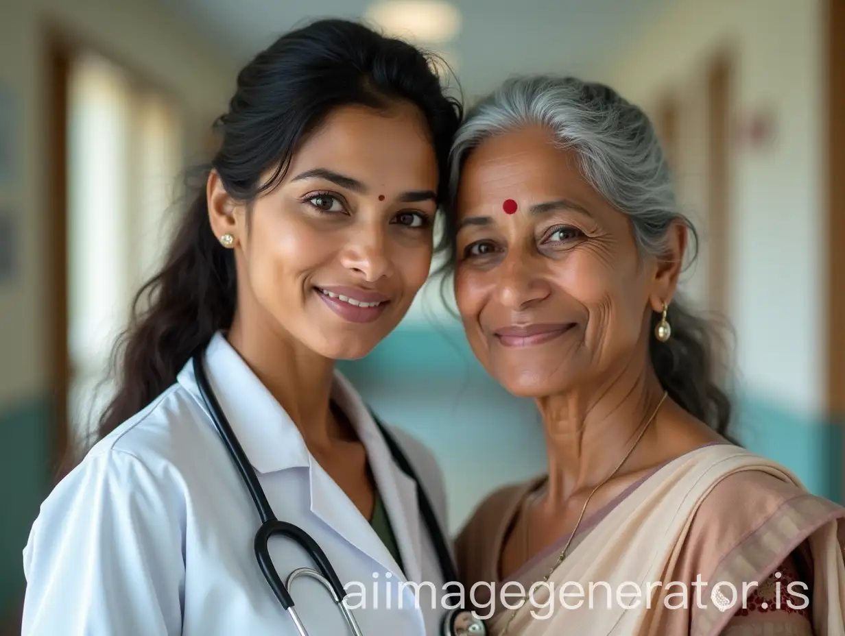 Create a heartwarming scene featuring an Indian female doctor standing beside her mother. The doctor, in her mid-20s, wears a white lab coat with a stethoscope around her neck, her long black hair neatly tied back. Her almond-shaped brown eyes reflect pride and gratitude, and her lips curve into a gentle smile. Beside her, her mother, in her early 50s, wears a traditional saree in soft hues, her silver hair pulled back in a bun. Her expression is one of deep love and pride, with moist eyes that hint at a tear of joy. They stand together in a hospital corridor, bathed in warm, soft lighting that enhances the emotional depth of the moment. The background is subtly blurred to keep the focus on their expressions and the bond they share.