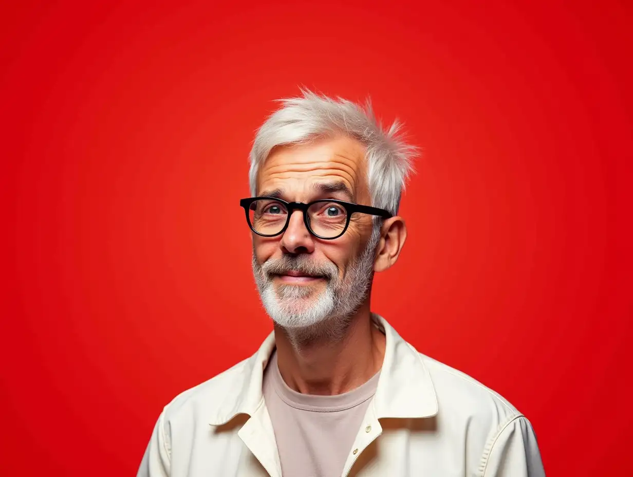 Elegant-GreyHaired-Gentleman-in-Spectacles-and-White-Jacket-on-Vibrant-Red-Background