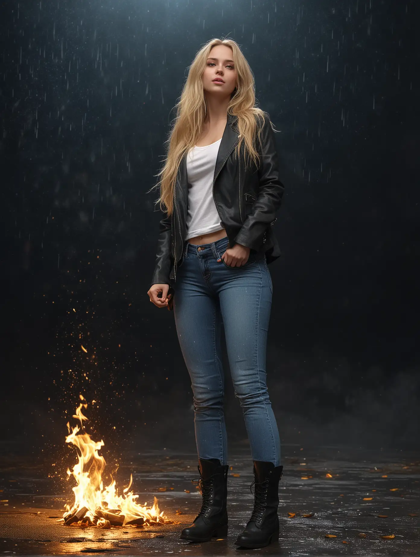 Blonde-Woman-in-Black-Jacket-and-Blue-Jeans-Kneeling-Amidst-Golden-Sparkling-Rain