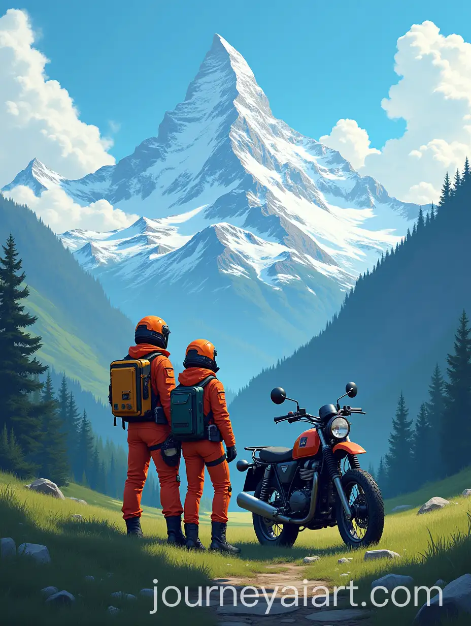 Adventurers-in-Futuristic-Orange-Gear-with-Vintage-Motorcycle-and-SnowCapped-Mountain