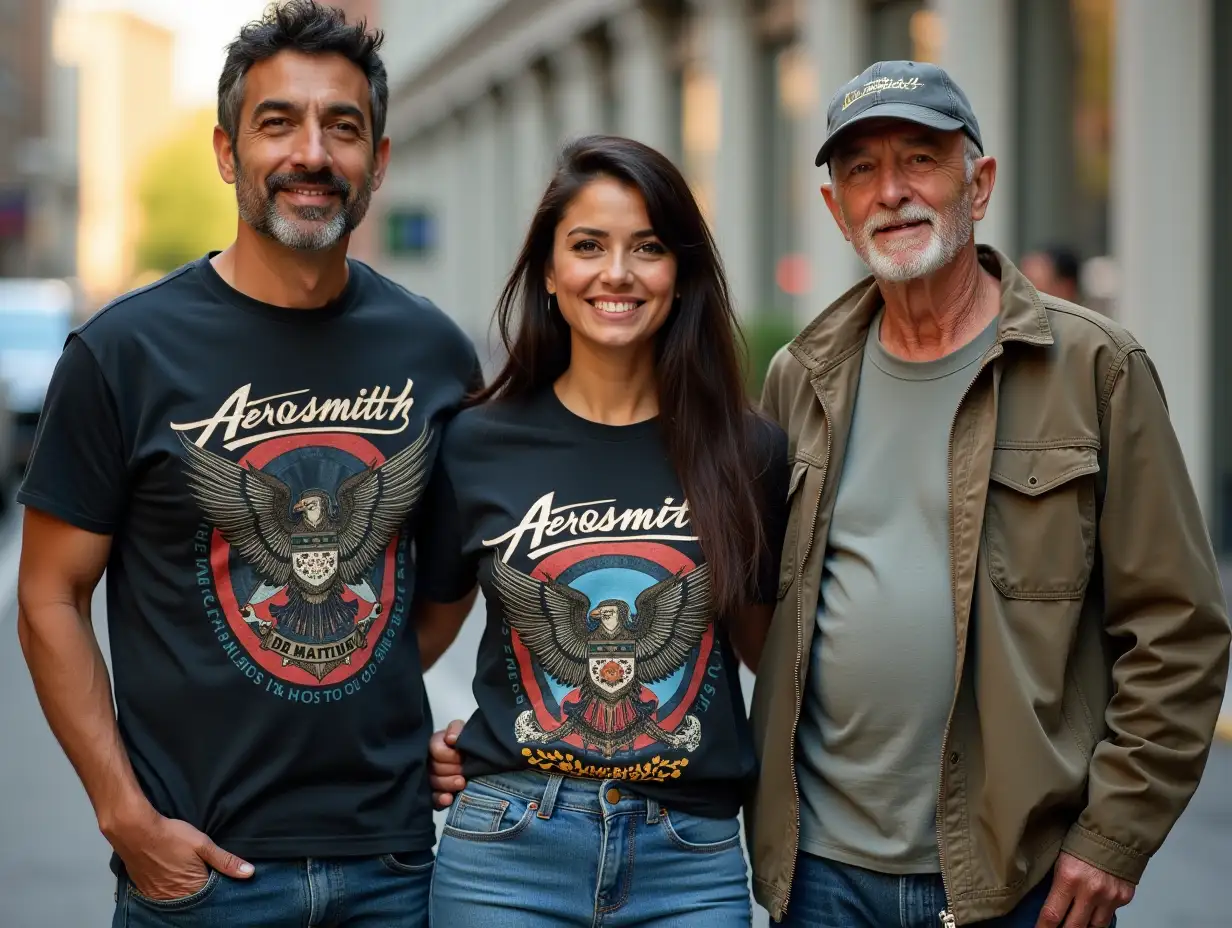 young adult American Indian woman in casual clothes standing next to a man in work clothes and an older adult wearing an Aerosmith t-shirt