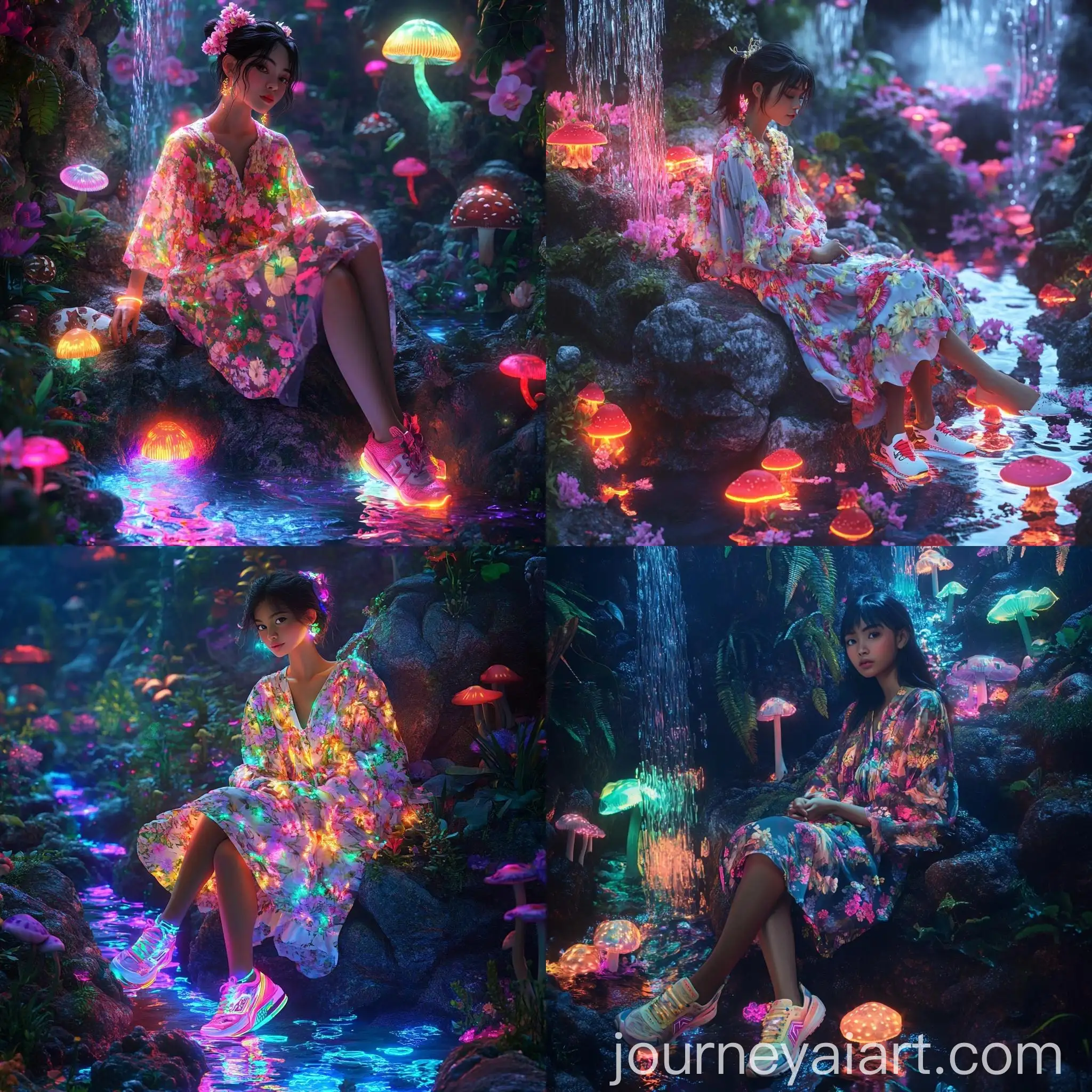 Hyperrealistic-4D-Caricature-Indonesian-Girl-in-Floral-Dress-with-Neon-Foliage