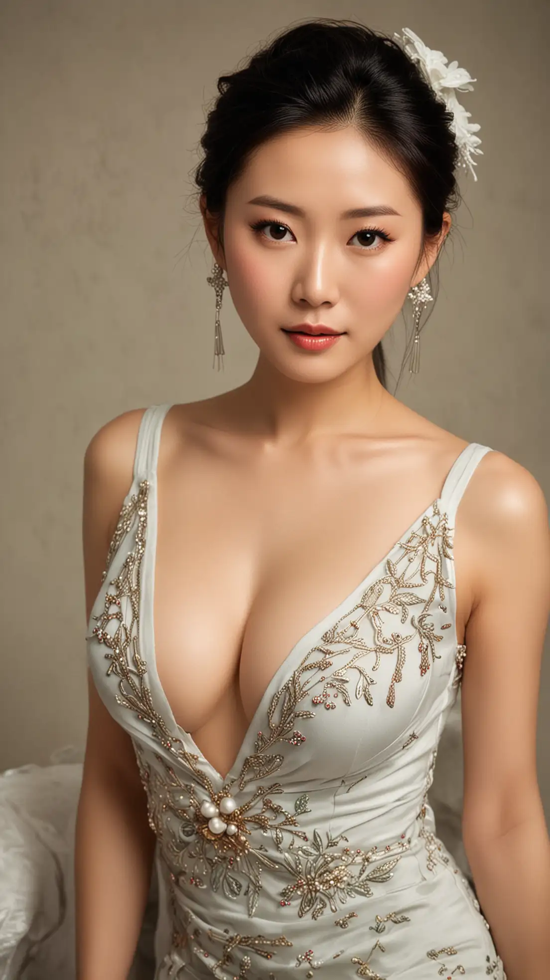 Elegant-Chinese-Woman-in-Sensual-Dress-with-Deep-Cleavage