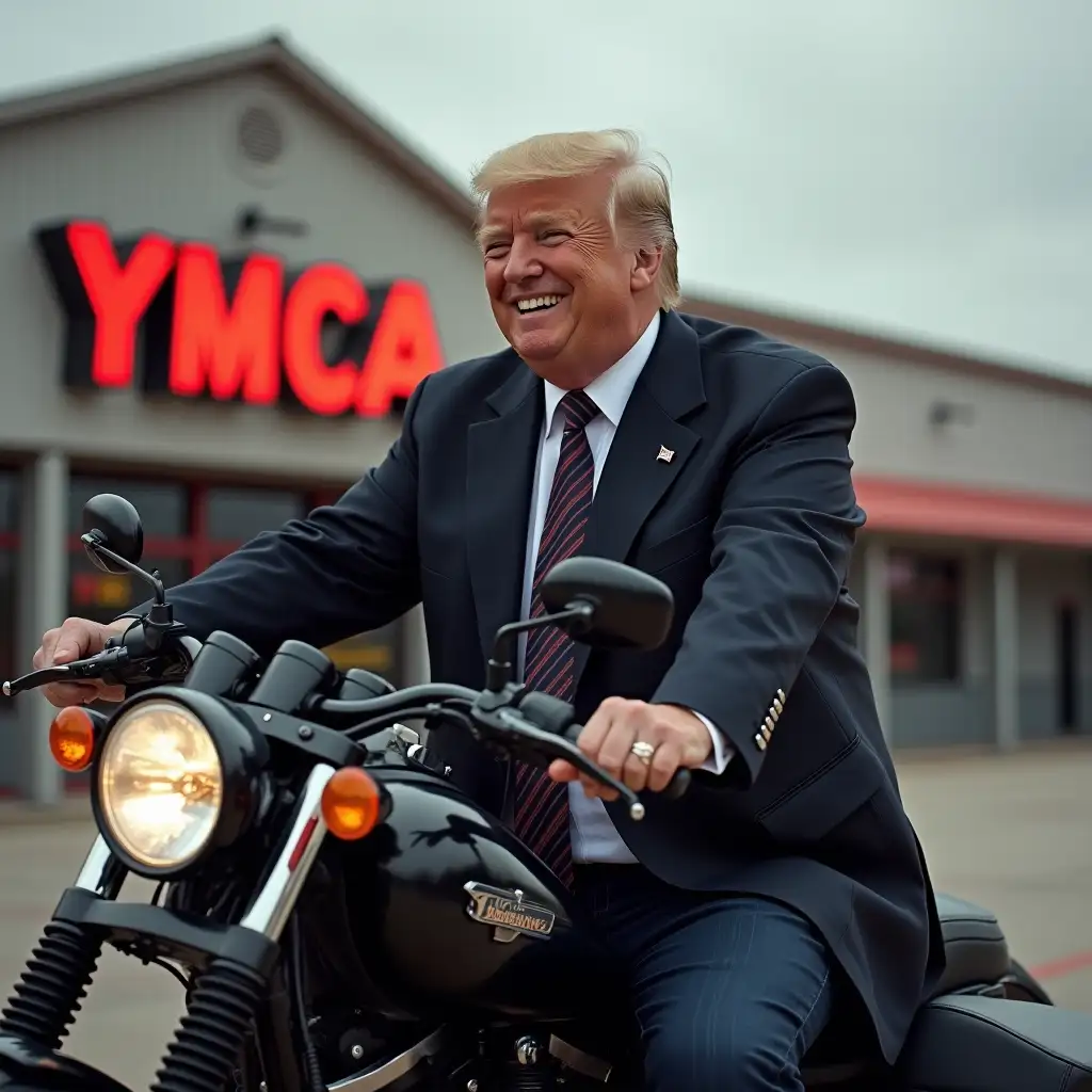 Donald Trump smiling, dressed in a black leather jacket, sitting on a big motorcycle, next to a building with big 'YMCA' sign