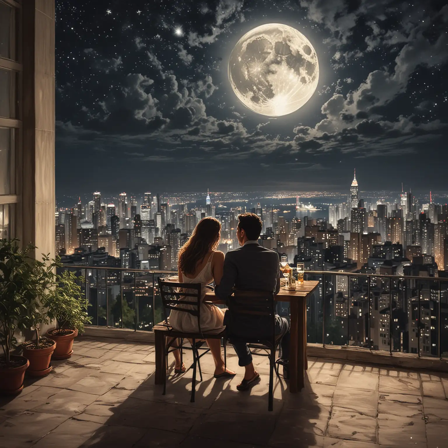 Create a romantic scene on a terrace where a man and woman are sitting separately, each gazing up at a luminous full moon. They should be positioned at opposite ends of the terrace, with some distance between them. The cityscape below features towering skyscrapers illuminated by city lights. The night sky above is vibrant and energetic, filled with twinkling stars and the glowing full moon. The overall mood should be intimate and contemplative, capturing the serene beauty of the city at night and the individual yet connected moments of the couple under the starlit sky.