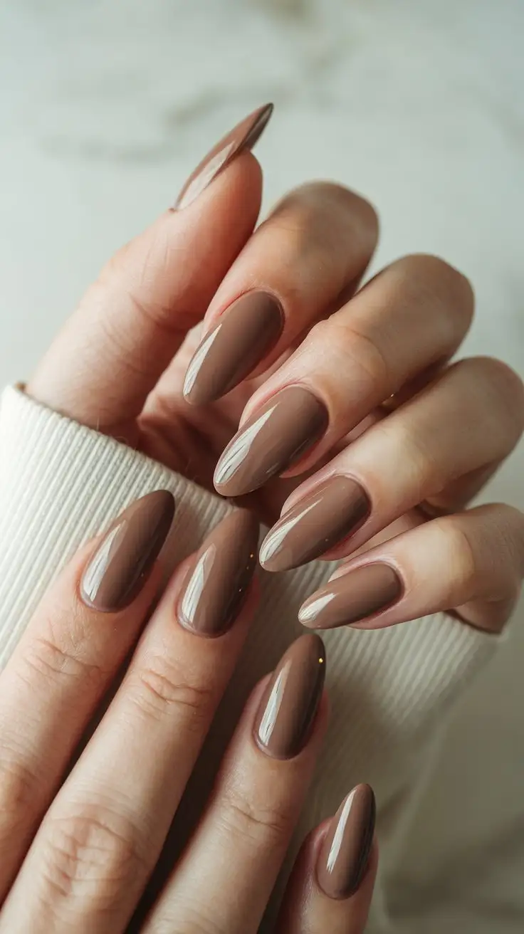 CloseUp-of-Womans-Hand-with-AlmondShaped-Nails-in-Neutral-Brown-on-White-Marble