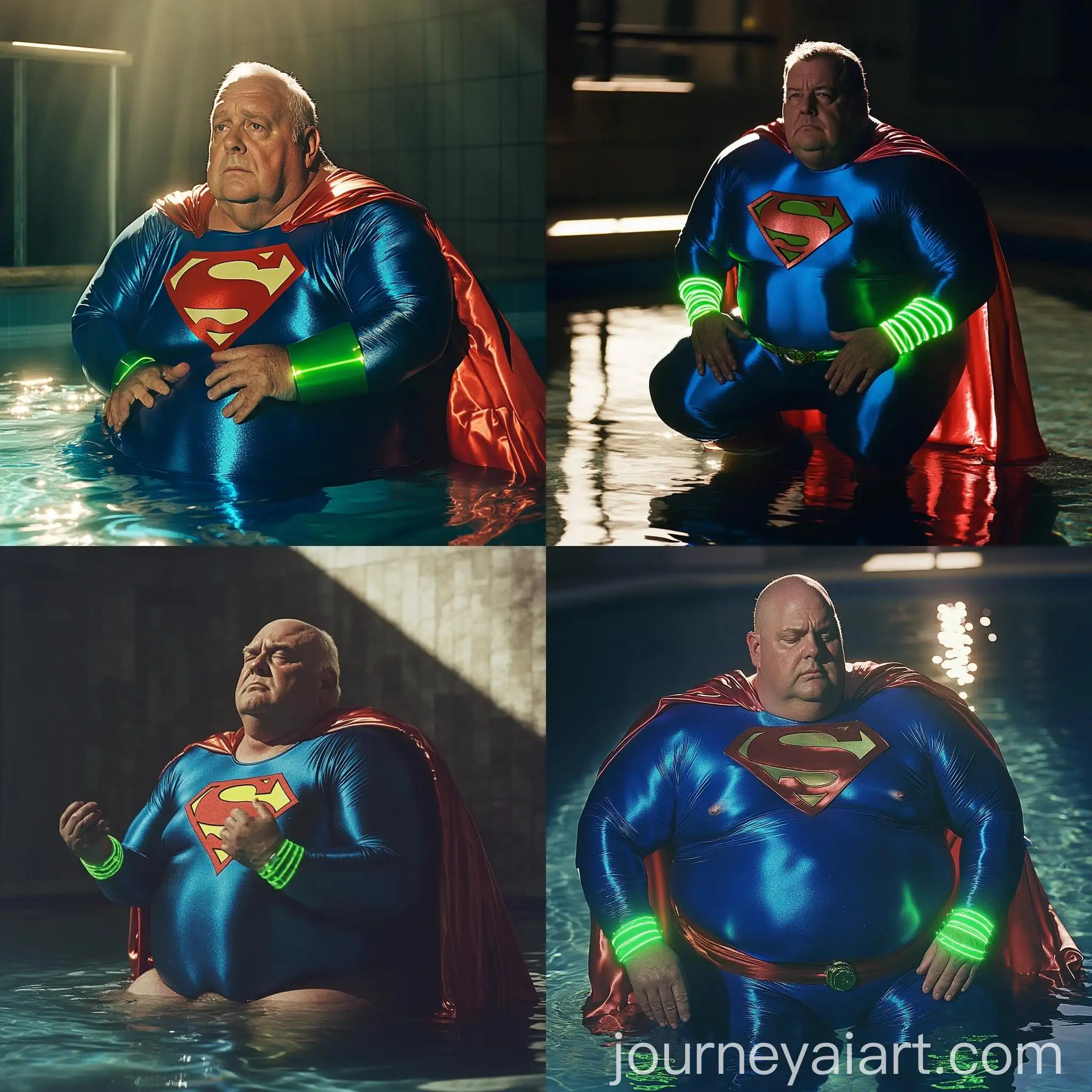 Elderly-Superman-in-Royal-Blue-Costume-Kneeling-with-Glowing-Green-Cuffs