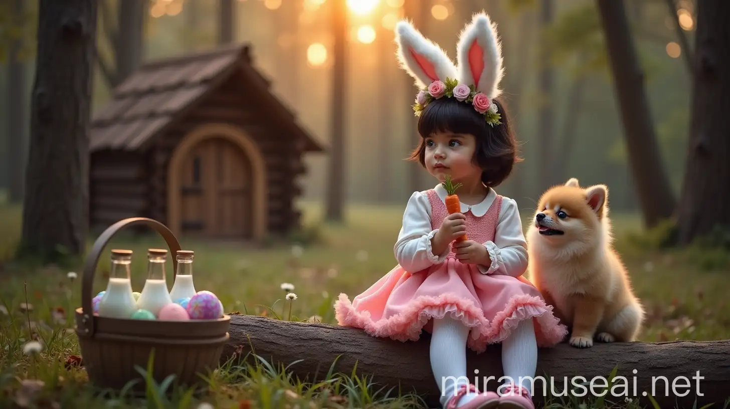 Magical Twilight Forest Scene with Girl Rabbit Ears and Easter Eggs