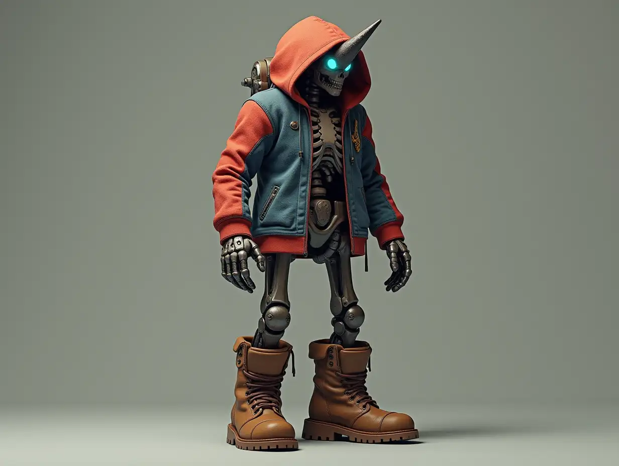 Create a high-resolution, realistic image of a robot with a skeletal body, brown leather boots, a fashionable tracksuit with a hood and a hat, and a horn in 4K resolution