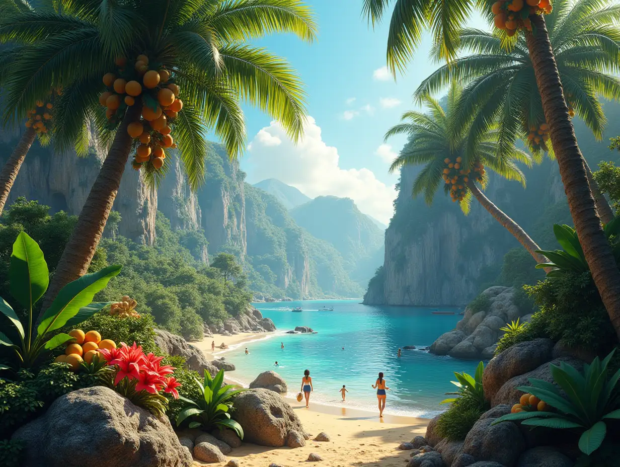 Create for me a photorealistic image of Paradise on another planet with Exotic trees with Fruits