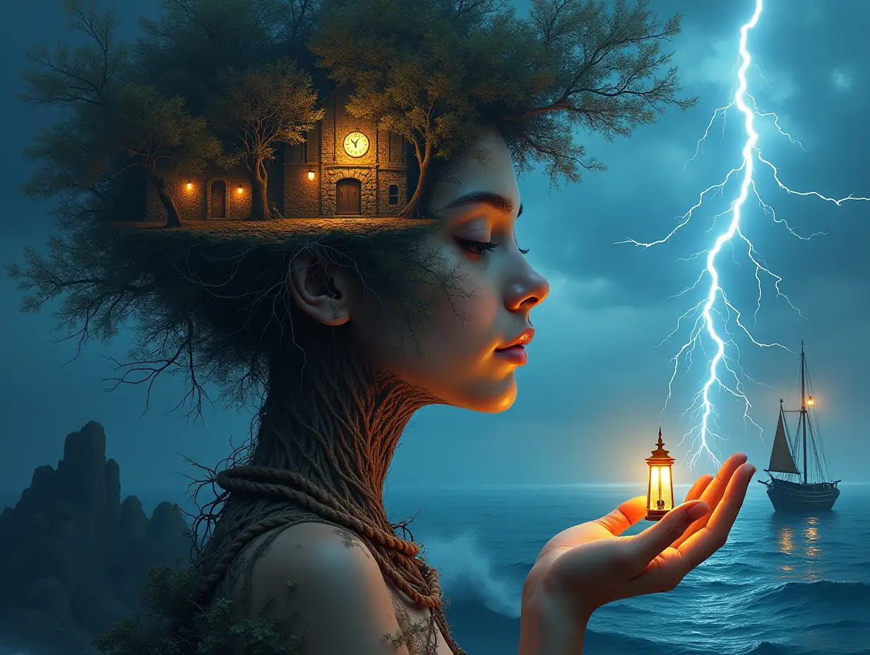 Creating a Digital painting face with rope hair transforms into building with stones and lighting trees with roots and rocks and lantern by the sea,with large clock sailboats with lanterns and a very large very large waves and lightning on an open hand 