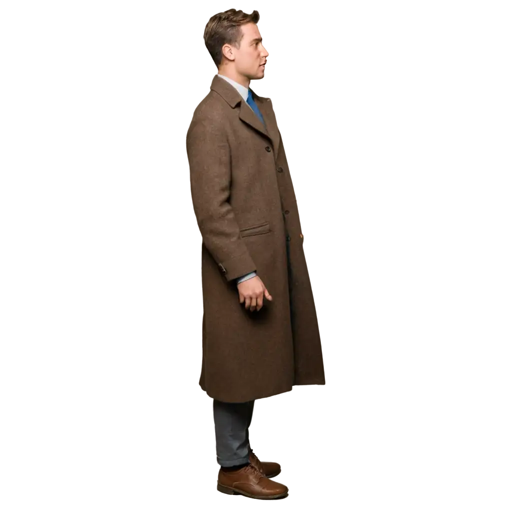 A side view of a man from 1960 wearing a long coat