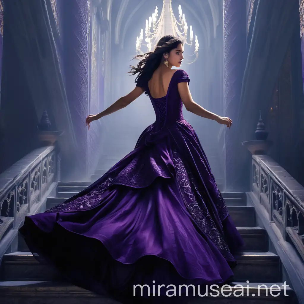 A princess with a flowing dress is running down the stairs of a Gothic palace. The palace is lit up with a few candles, casting a warm glow on the walls. The palace is beautifully engraved with intricate designs, and the walls are painted a deep matte purple. The princess looks determined and focused, as if she is on a mission. The overall mood is mysterious and cinematic.