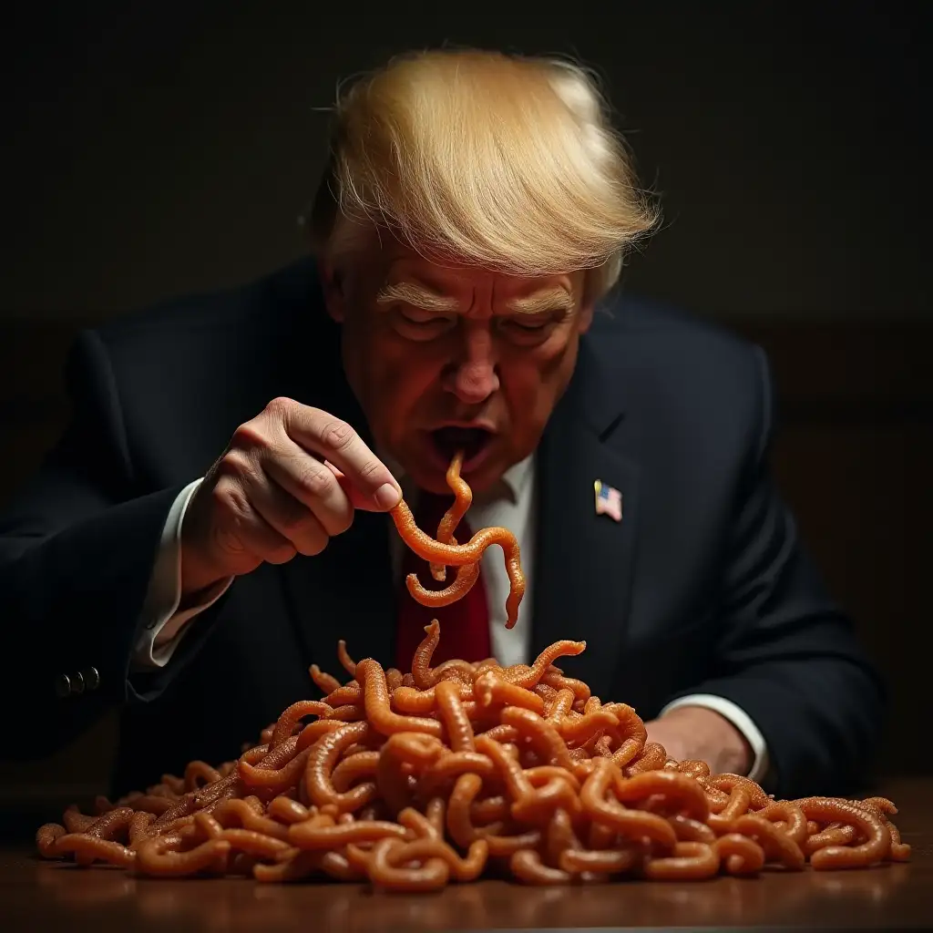 donald trump eating bad macdonald with lot of worms, realistic, dramatic lighting