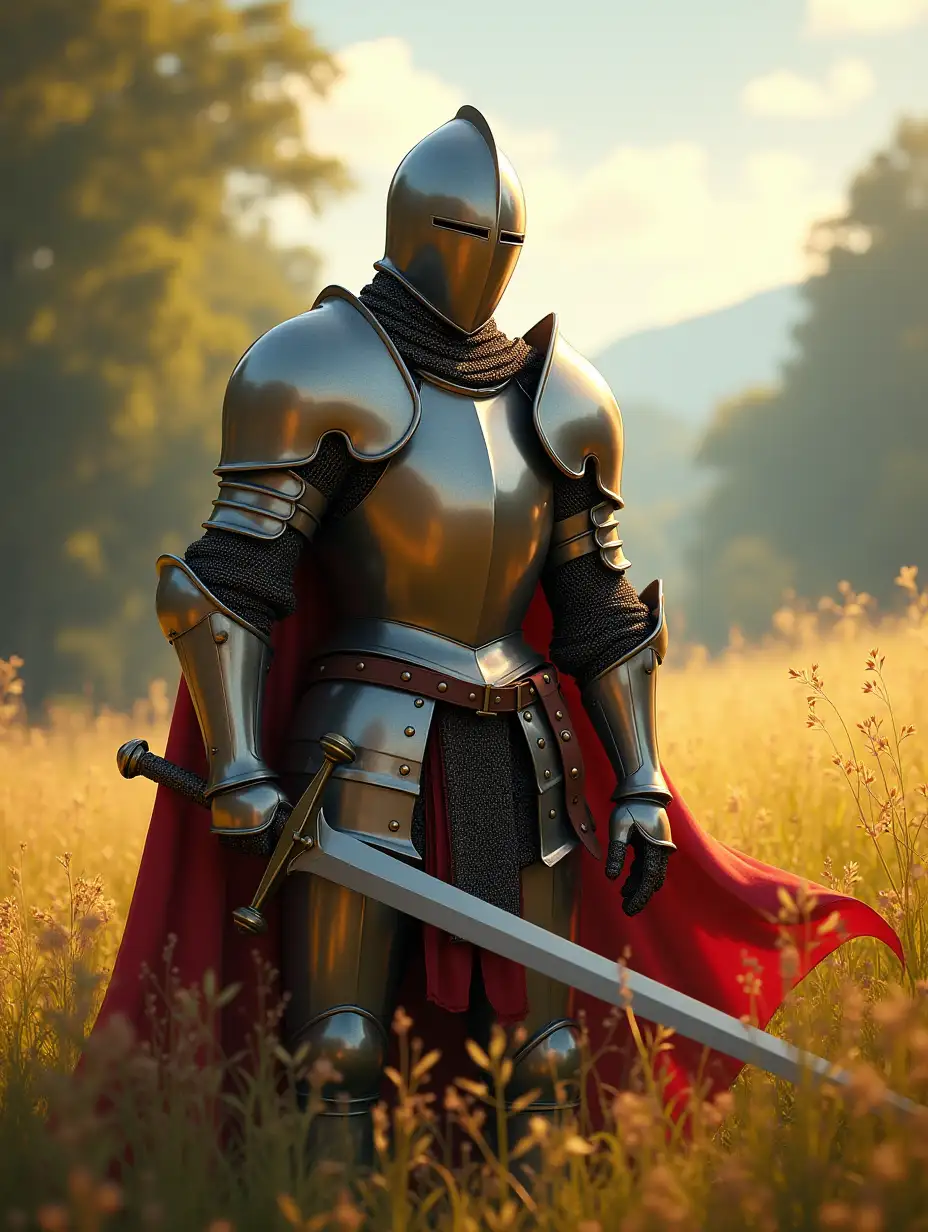 A medieval knight in a semi-realistic style, standing proudly in a sunlit meadow, shining armor reflecting the sunlight, detailed textures on the armor and sword, vibrant and rich color palette, peaceful yet epic atmosphere, soft shadows and dynamic lighting