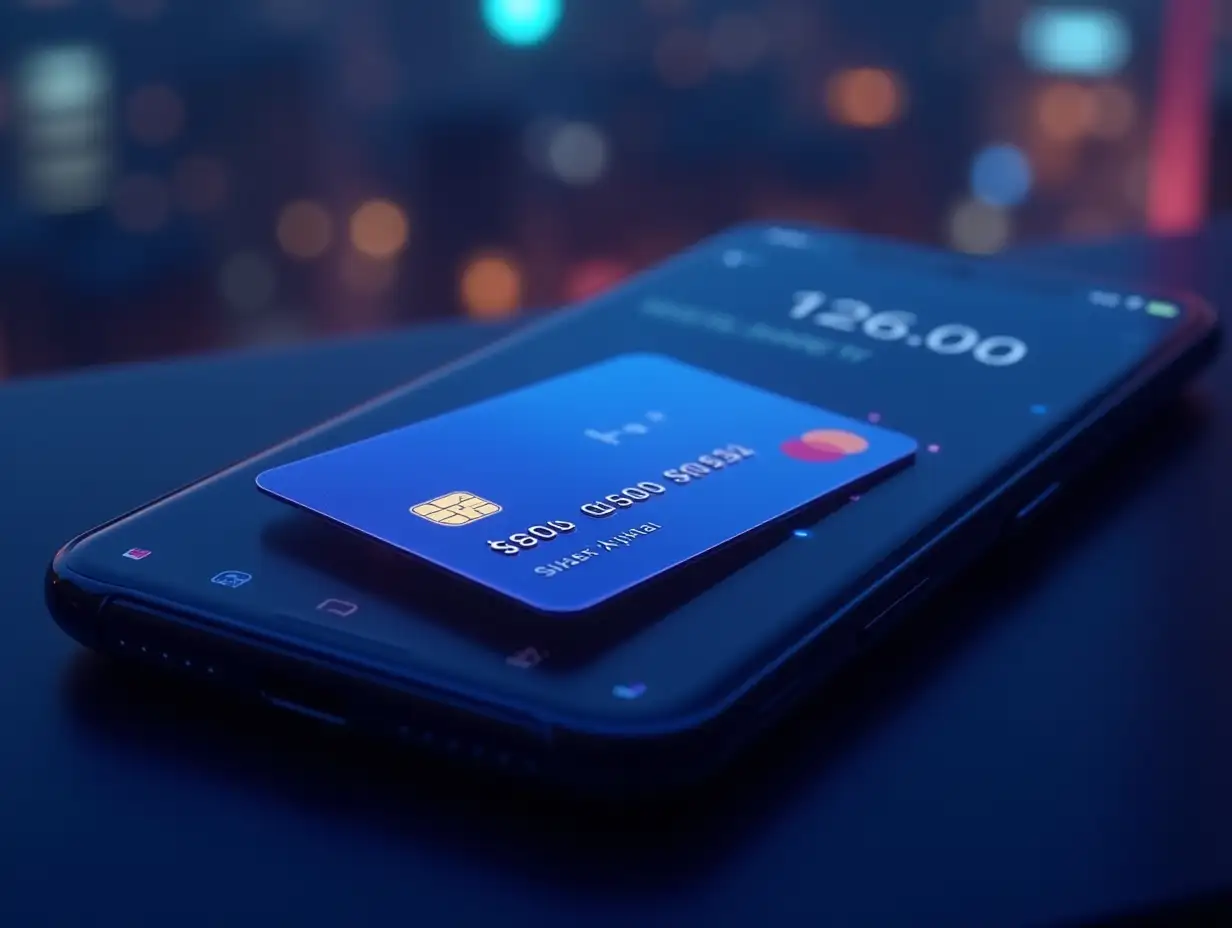 A sleek, modern cryptocurrency debit card laying on top of a smartphone. The card has a metallic sheen and minimalist design, with a subtle glowing crypto symbol. The phone screen displays a payment confirmation with Ukrainian hryvnia. The background is a blurred cityscape of Kyiv at night. Style: photorealistic digital art with a touch of cyberpunk. Lighting: soft neon glow from surrounding buildings and phone screen. Color palette: cool blues and purples with accents of the card's metallic color. High resolution, suitable for print. Reference artists: Syd Mead, Beeple.