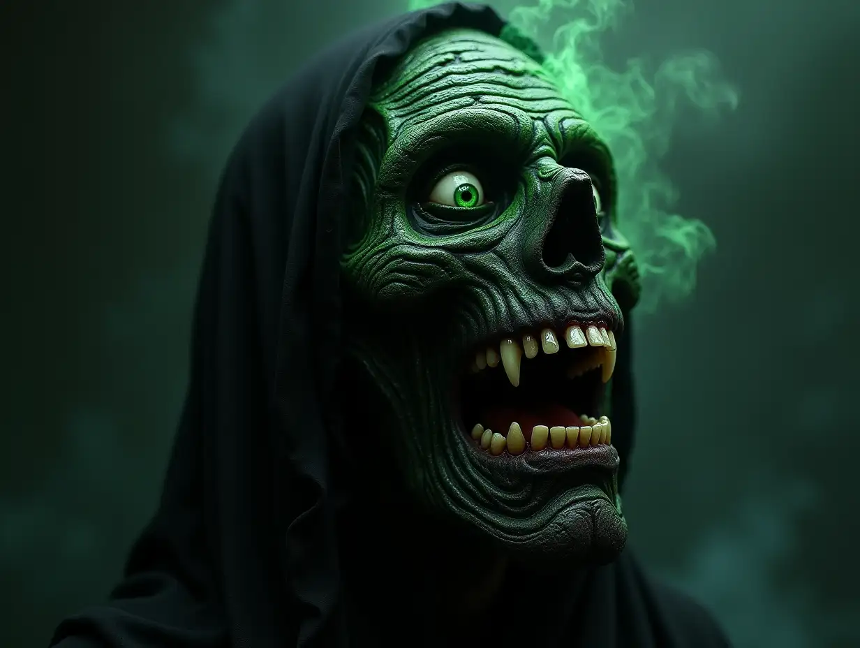 A wonderful mummy of black color. With a gap in the teeth. (Poison bright green), with eyes of demon, on forehead plate of garnet angry face, from nose smoke, background slime.