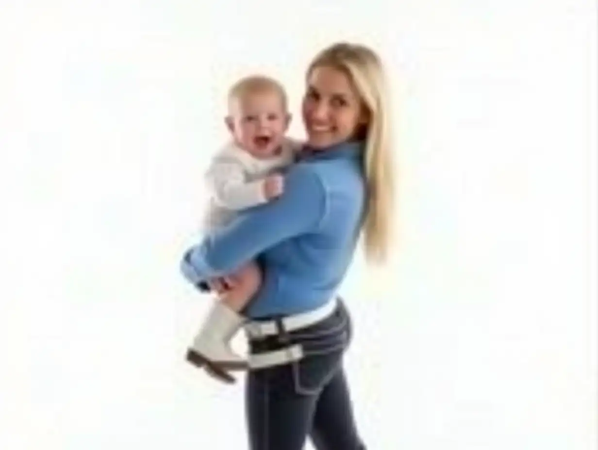 Blonde cowgirl woman hip lift carry girl on her arms like a baby. Cowgirl woman is wearing blue long sleeve shirt, black skin tight jeans, white cowgirl belt and white over the knee pointed toe cowgirl boots. the background is white. Scrunched smile.