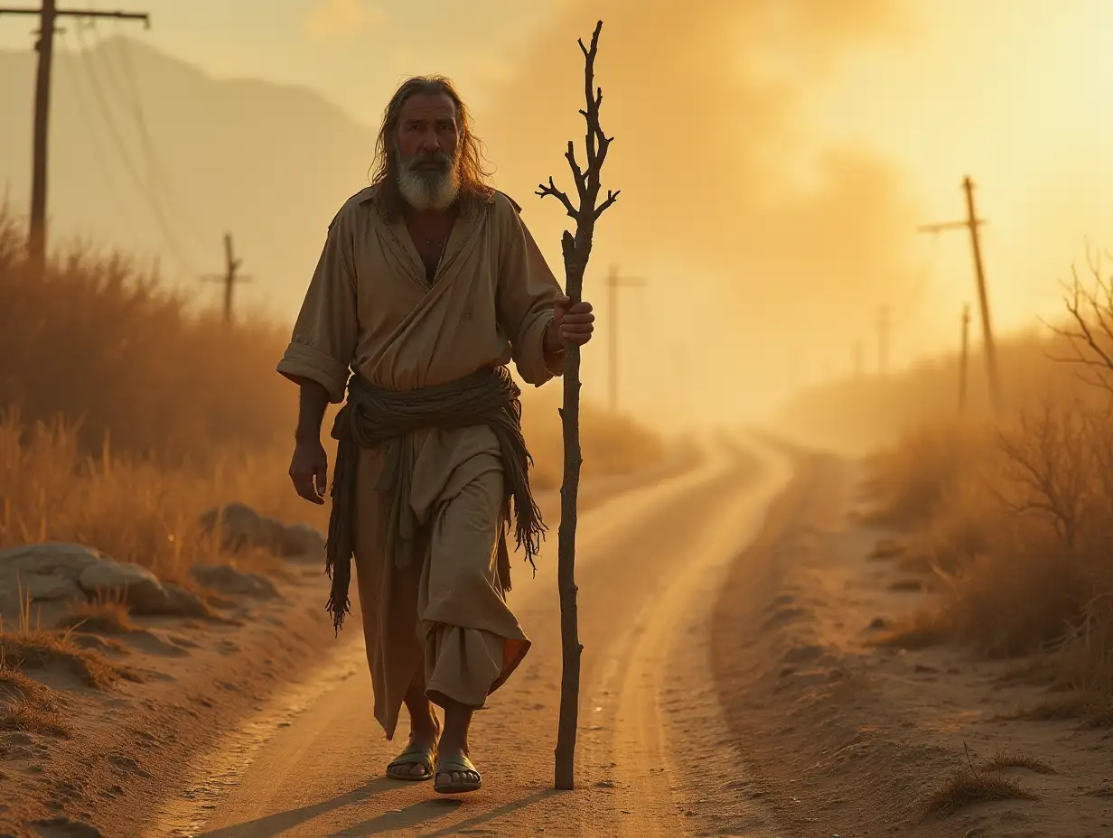 The world after a nuclear war, a man who survived, walking with a stick made from a sun-bleached tree and wearing tattered rags.