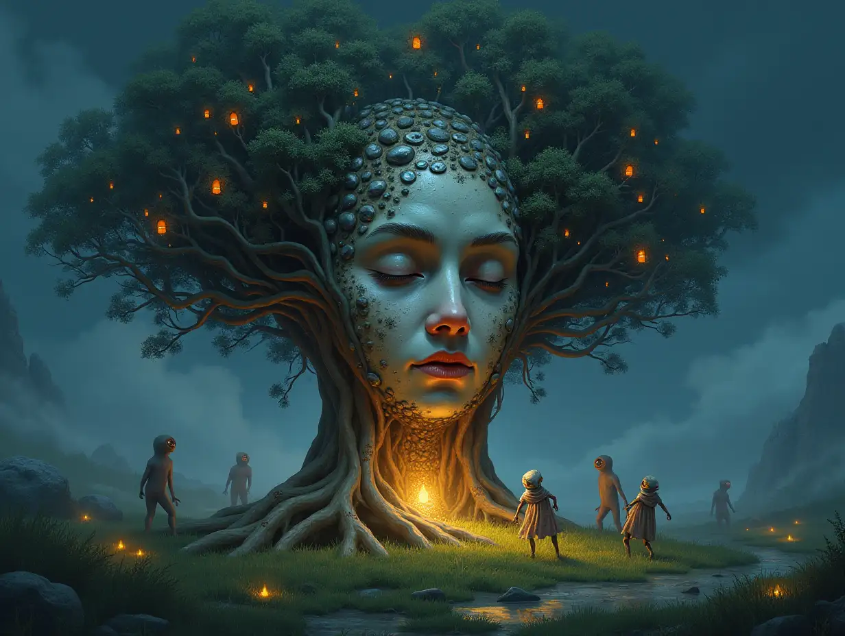 Creating a digital painting of a face with stone hair, carrying a hand with silver stones and illuminated trees with roots and lanterns and strange alien beings on a meadow