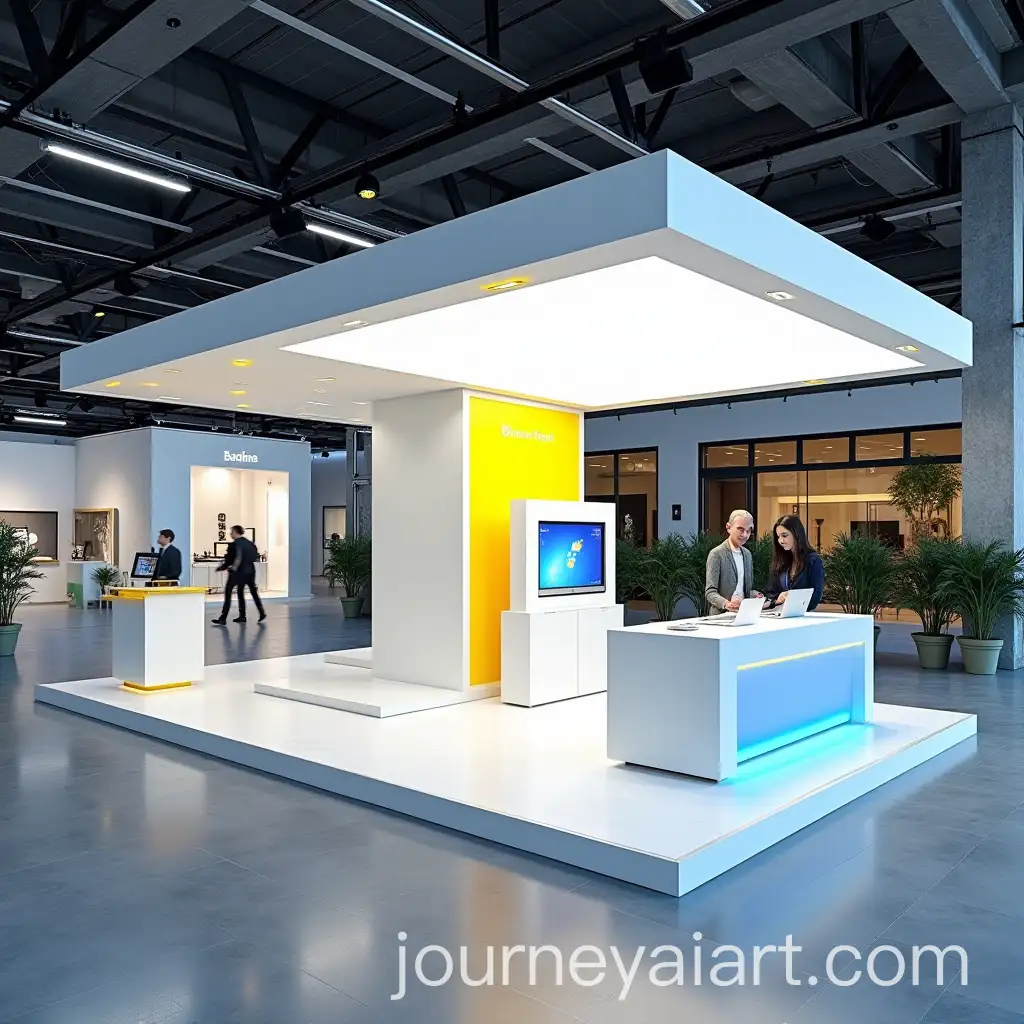 Modern-Elegant-Exhibition-Booth-with-Compact-Roof-and-Interactive-Displays-in-Yellow-and-Blue-for-Outdoor-Use