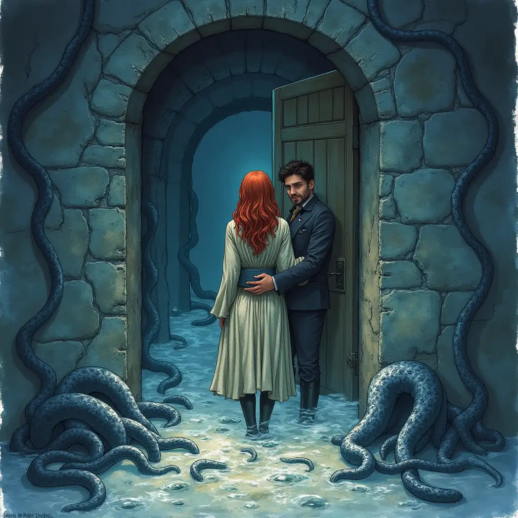 An illustration is needed in a medieval style, painted with watercolors. The walls howled, and tentacles of black water crept out from the corners. Masha grabbed a notebook, and Sandro, embracing her waist, pulled her outside. The door slammed shut, cutting off the tentacles that hissed in the salty air.