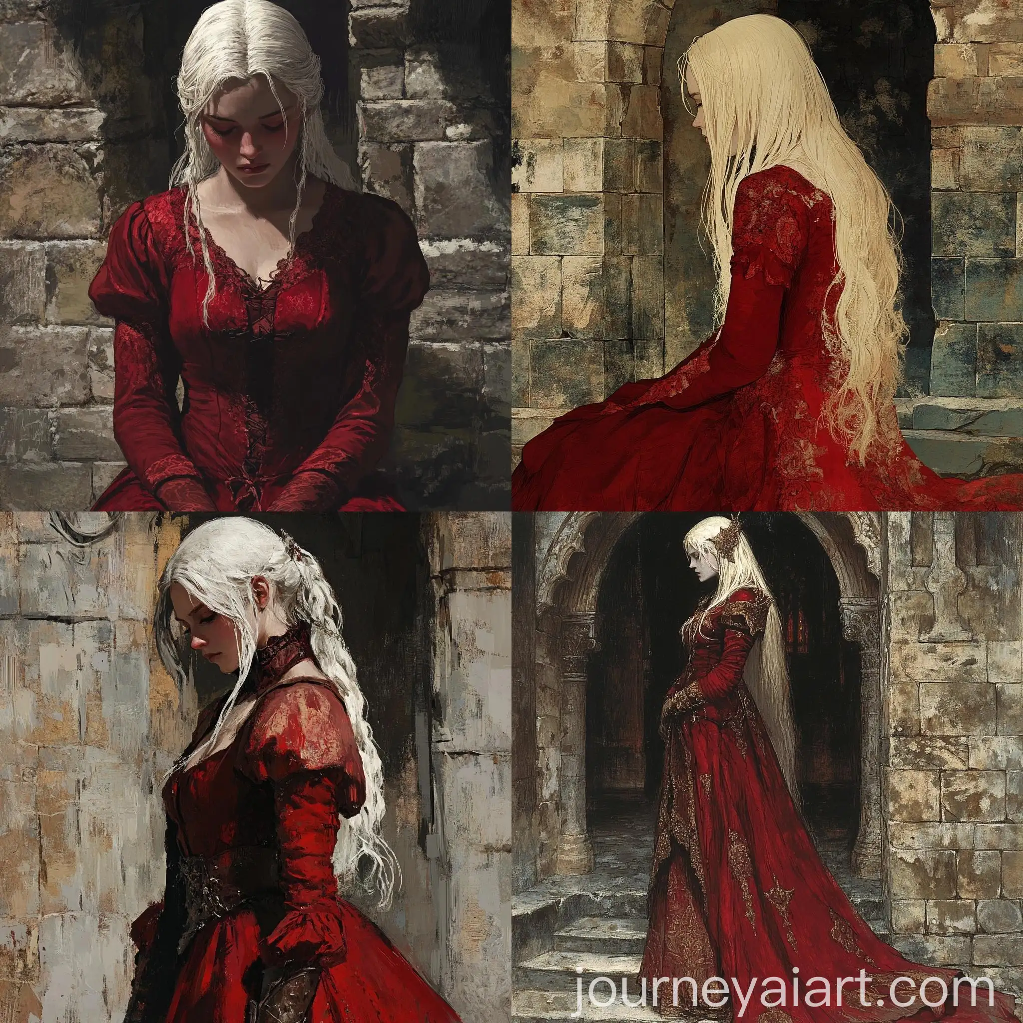 Fantasy-Art-Albino-Woman-in-Red-Medieval-Dress