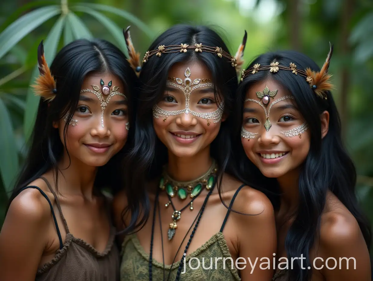 Three-Asian-Tribal-Friends-with-Traditional-Face-Paint-in-Jungle-Setting