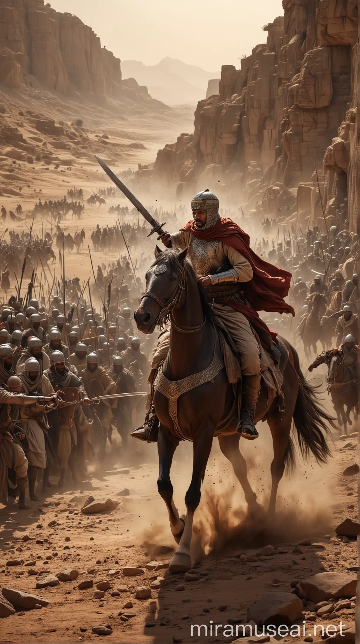 Epic Muslim Warriors Battle Scene with Swords and Horses