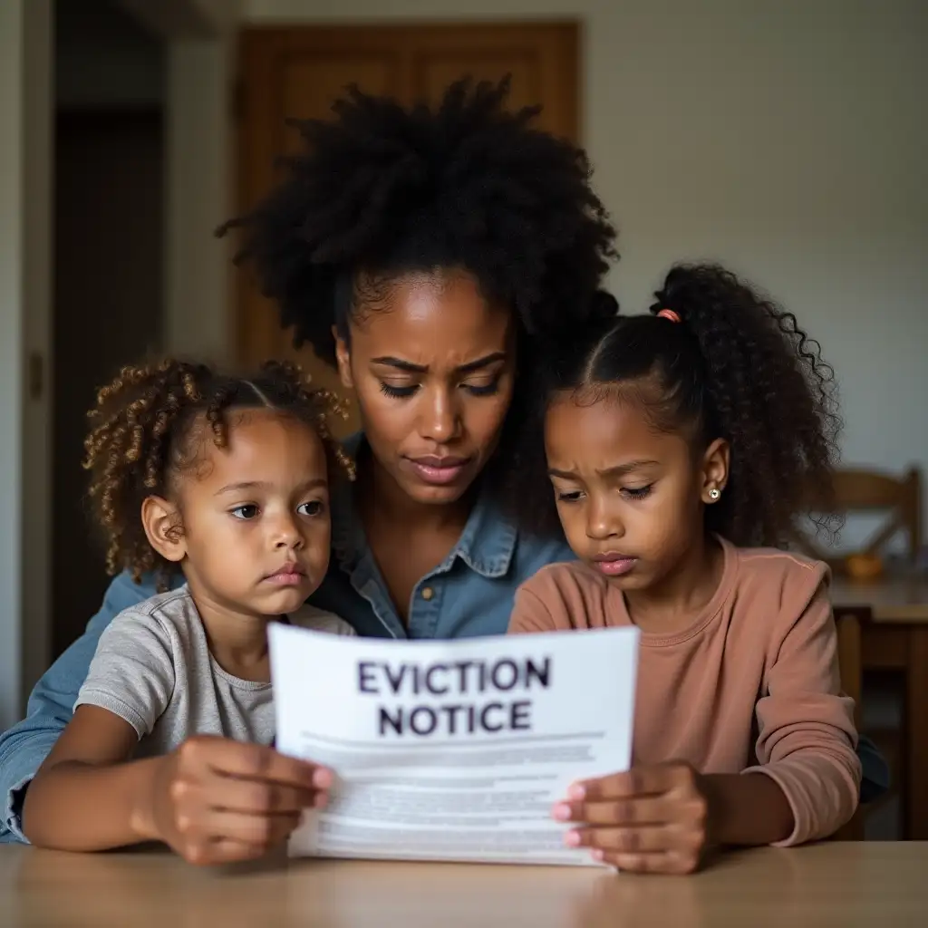 A sad and worried mixed mother with her 2 children reading an EVICTION NOTICE on the table in a small apartment.