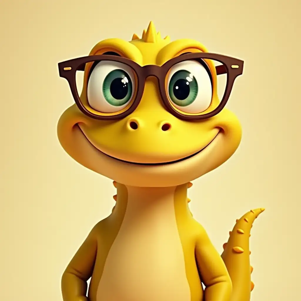 Cartoon reptile with glasses, yellow, smiling expression