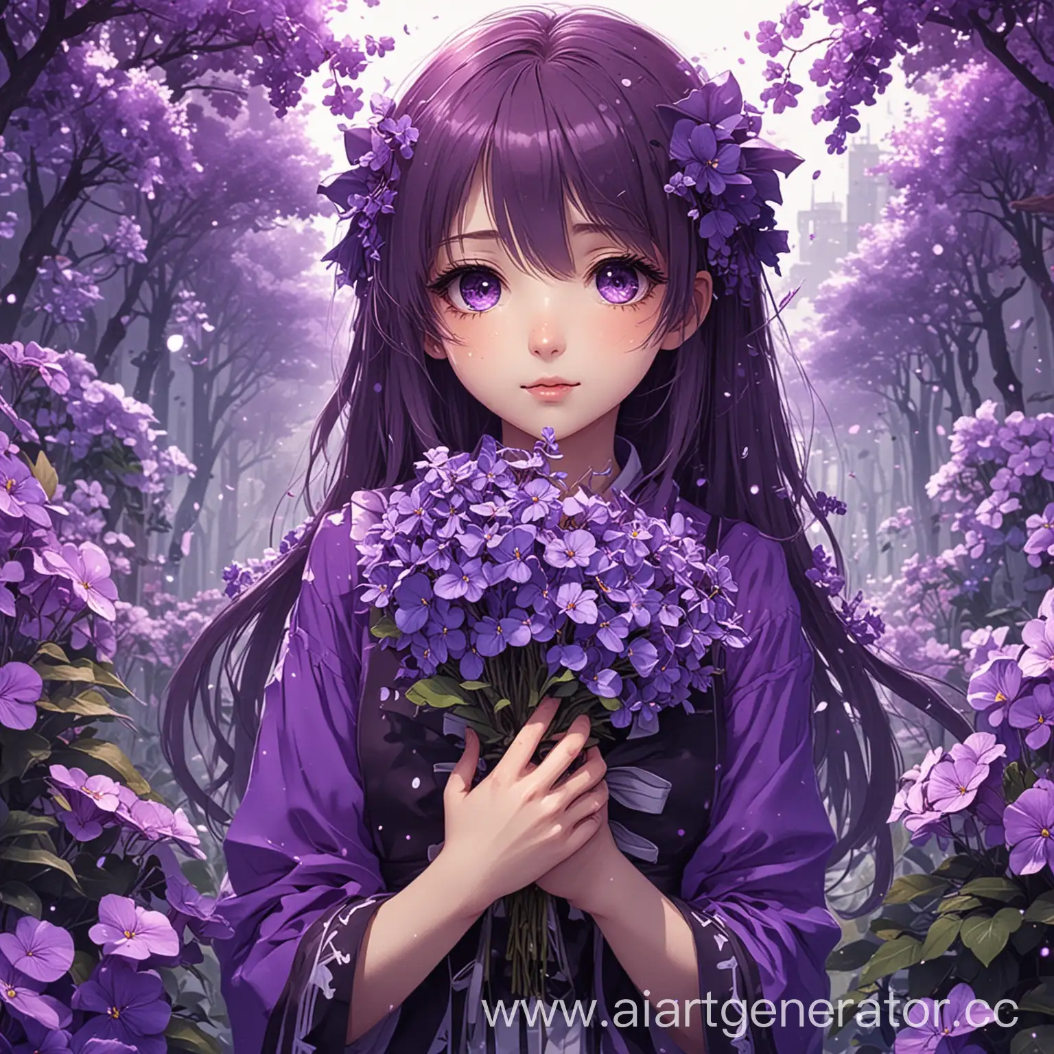 Anime-Girl-in-Purple-Colors-with-Violets-Anime-Artwork