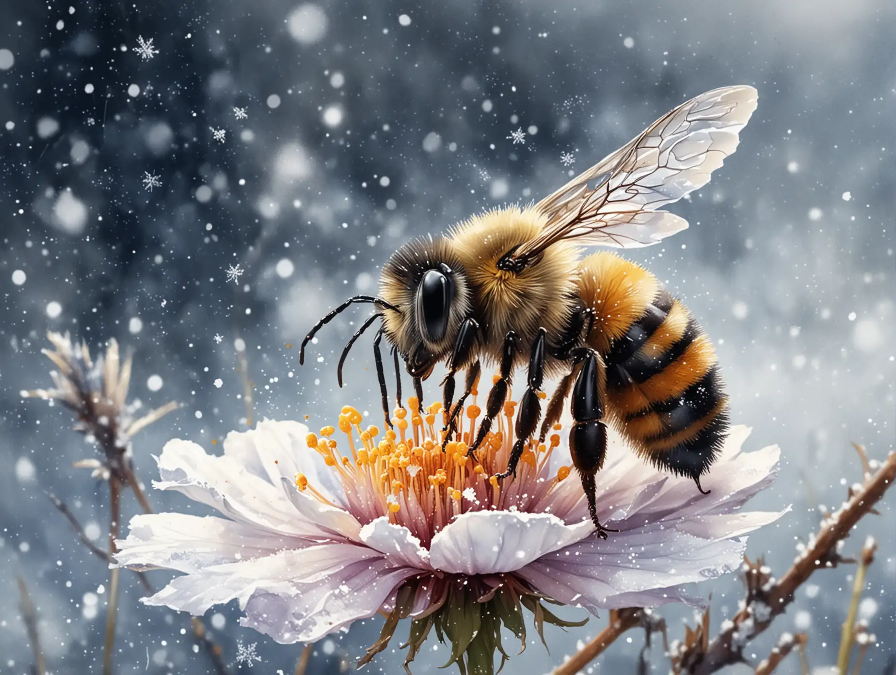 a bee sits on a winter flower, snow is falling, magic, new year, watercolor drawing and detailed illustration