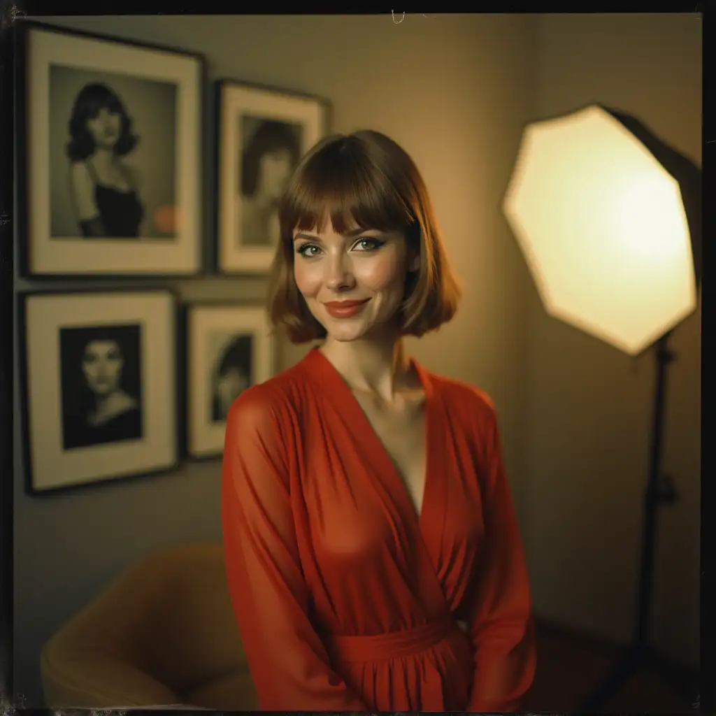 Vintage-Studio-Portrait-of-Young-Woman-in-Red-Chiffon-Robe-with-Dramatic-Makeup