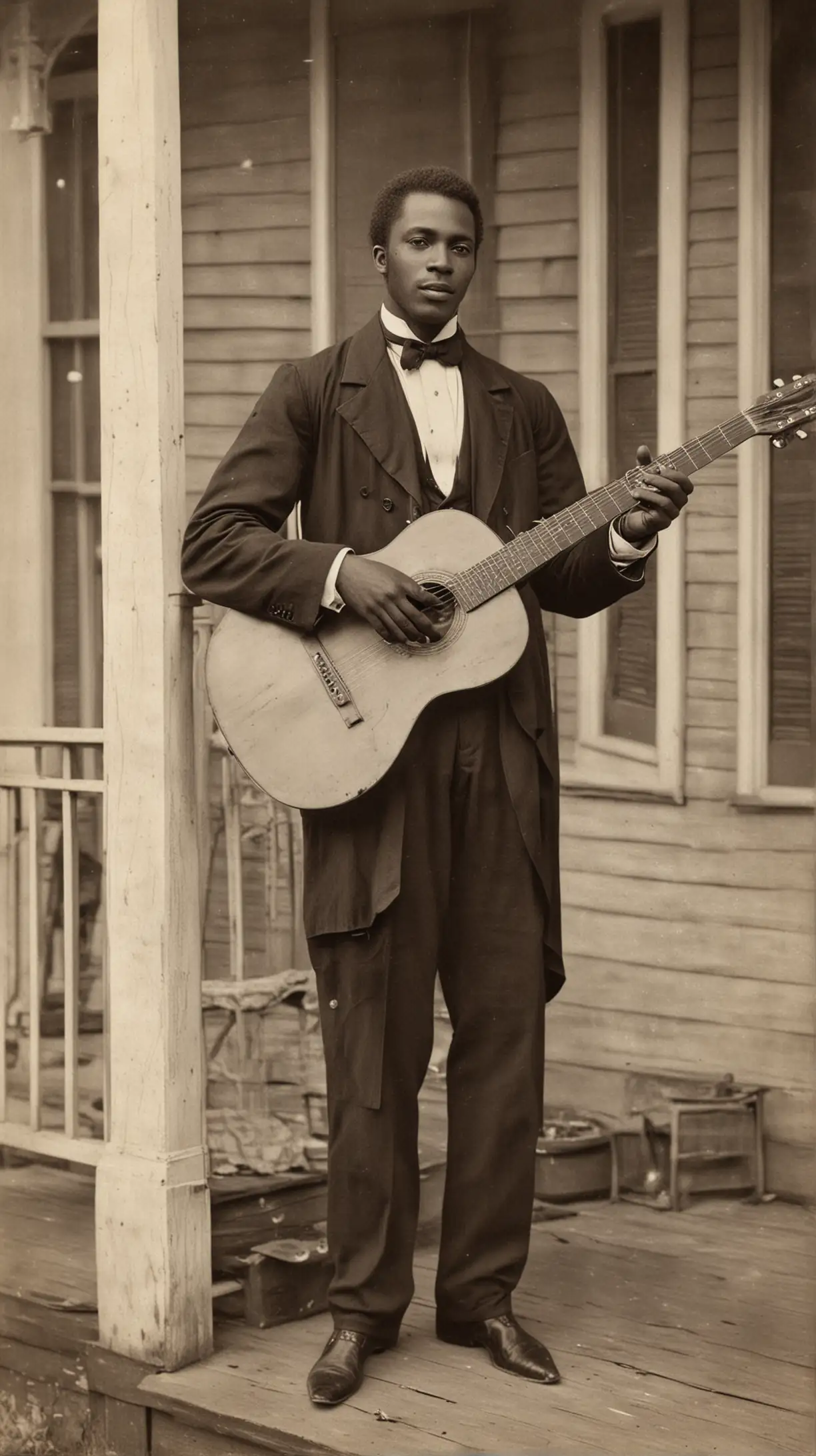 Elegant 1870s Black Man Playing Guitar on a Rustic Porch