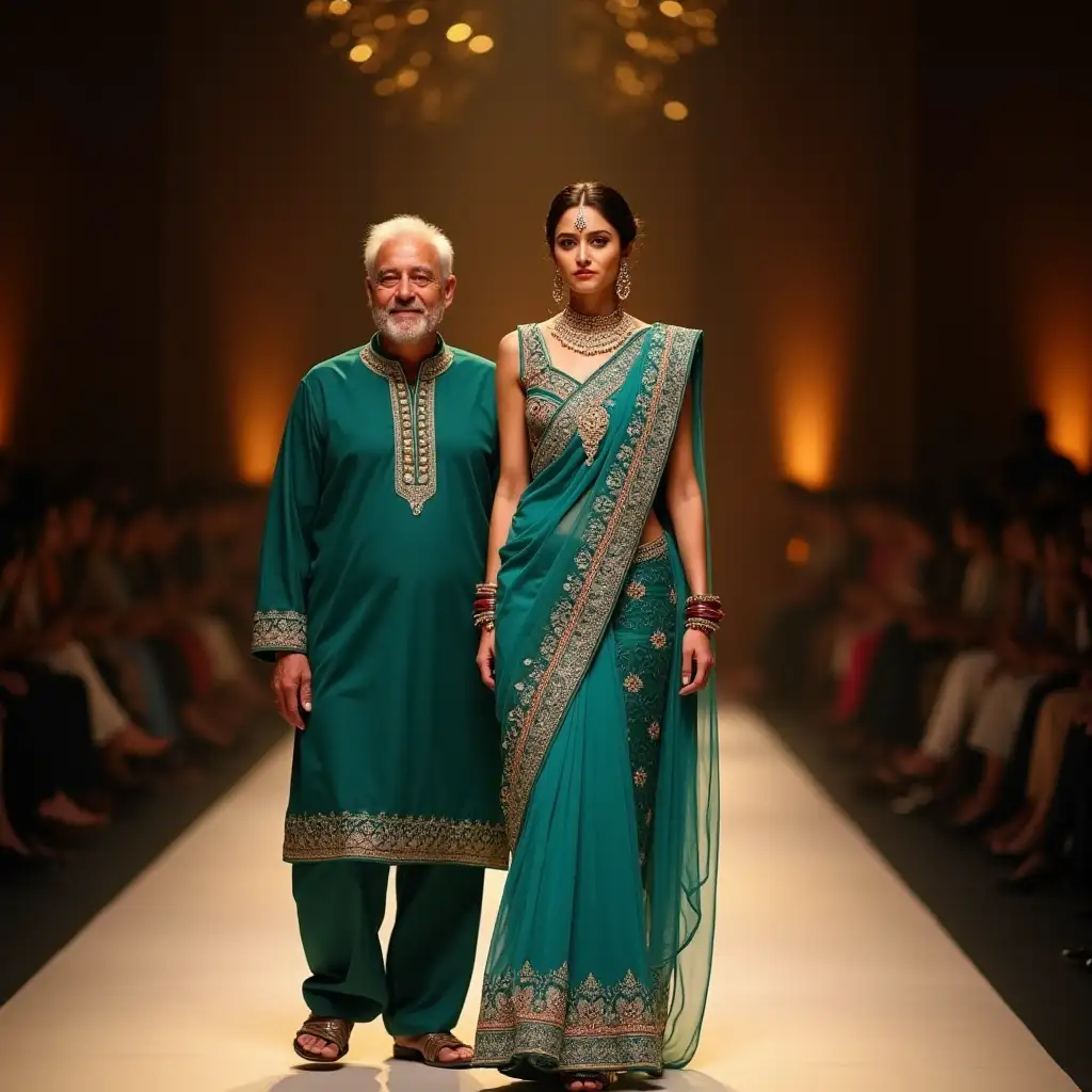 An elegant 30 year-old Persian woman confidently walking on a ramp wearing traditional Persian attire such as a beautiful peacock green blue dress . An old man around same age in traditional peacock green color traditional Indian dress walking with her smilingly. She has a graceful posture, exuding confidence and charm. The saree is adorned with intricate embroidery, vibrant colors, and matching accessories like bangles, earrings, and a necklace. The ramp is well-lit with a spotlight on her, highlighting her graceful walk. The background has an elegant, minimalistic setting, with soft lighting that accentuates her and her attire. The woman’s expression is poised and self-assured, showcasing timeless beauty. Golden lights in background