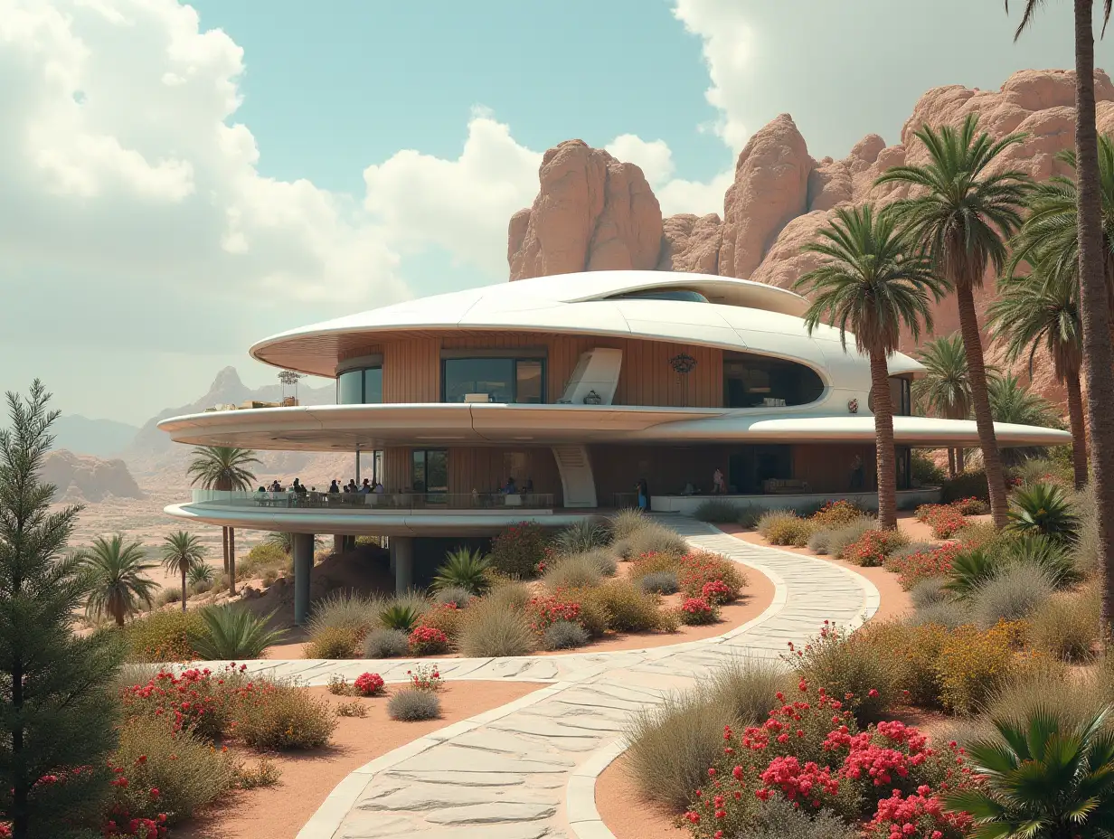 Create a high-resolution, realistic panorama image of a futuristic terrace building with window UFO house with bridge, one and one with people, many plants and colorful flowers White and brown facades in front of the desert oasis, large trees, very cloudy sky