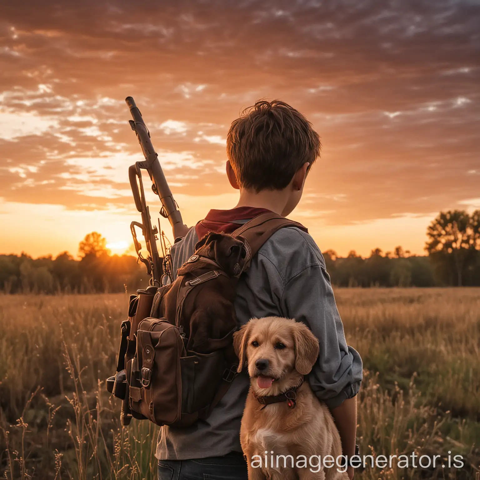 Boy-with-Shotgun-Watching-Sunset-with-Dog