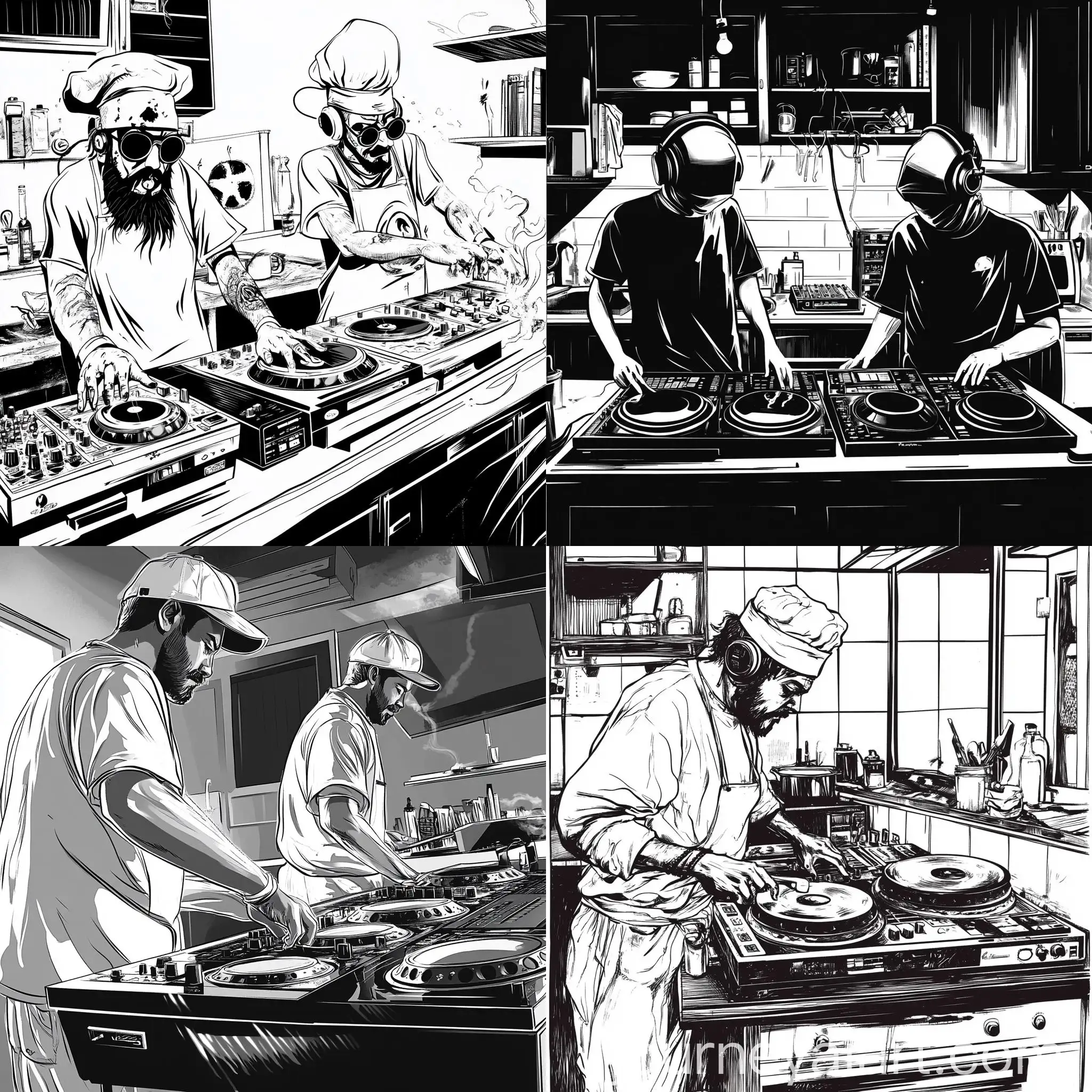 DJ-Chefs-Cooking-Party-Acid-Comic-Scene-in-Black-and-White